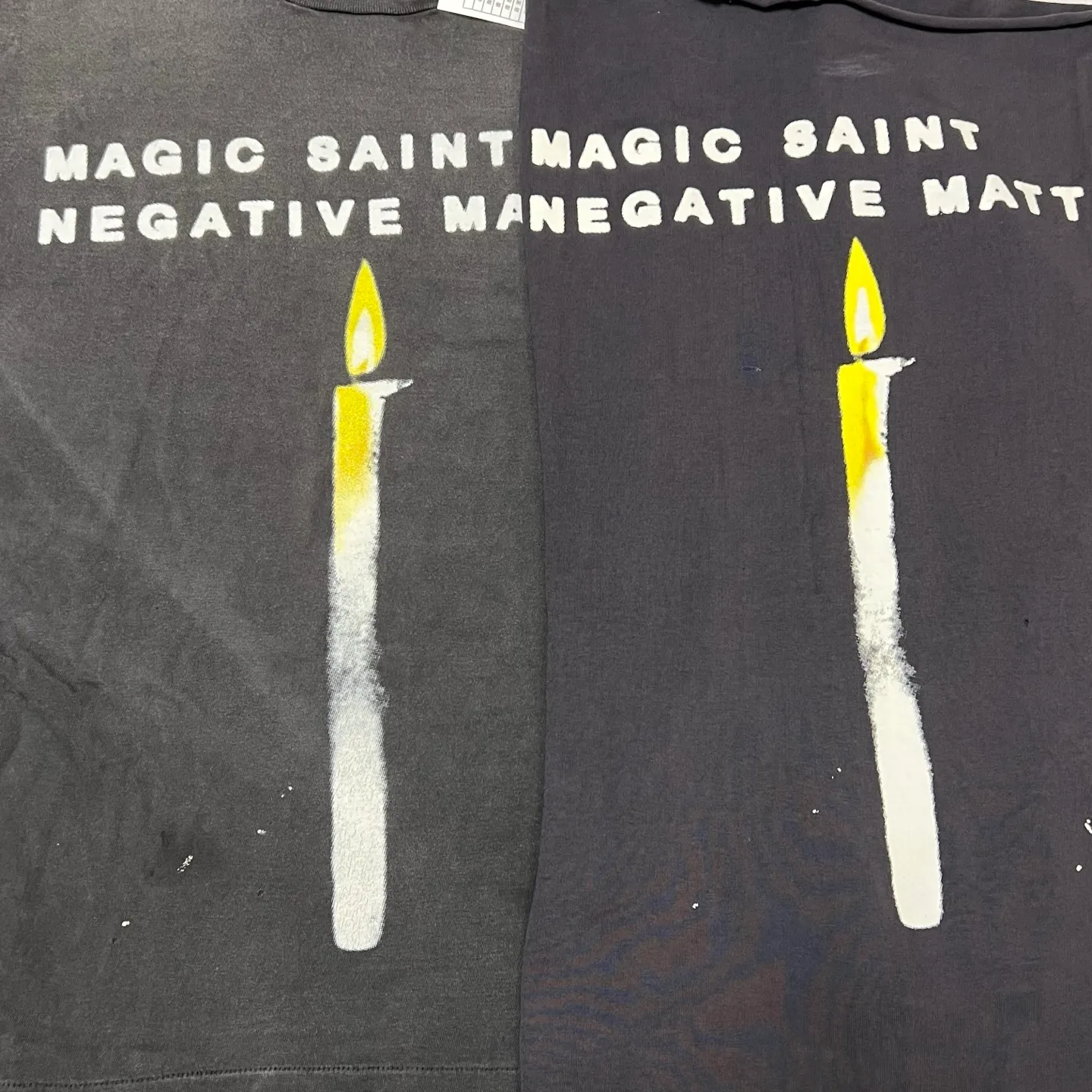 Printing proofing SAINT Mxxxxxx CANDLE LS TEE/BLK Slogan candle distressed long-sleeved TEE Little angel short sleeves on the back Washed black S-XL Original consistent Cylindrical side seam OE yarn fabric Garment dyeing Faded by heavy washes Faded by plaster on bust Correct alignment Original consistent main mark/wash mark/cherub anti-counterfeiting mark Original level printing restoration